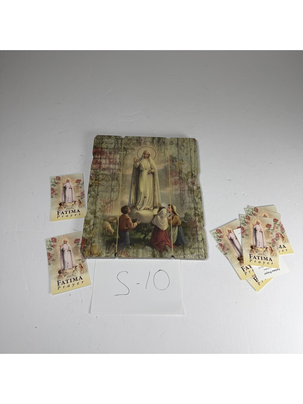 Fratelli Bonella Our Lady of Fatima Wood Plaque & Prayer Cards Lot S-10